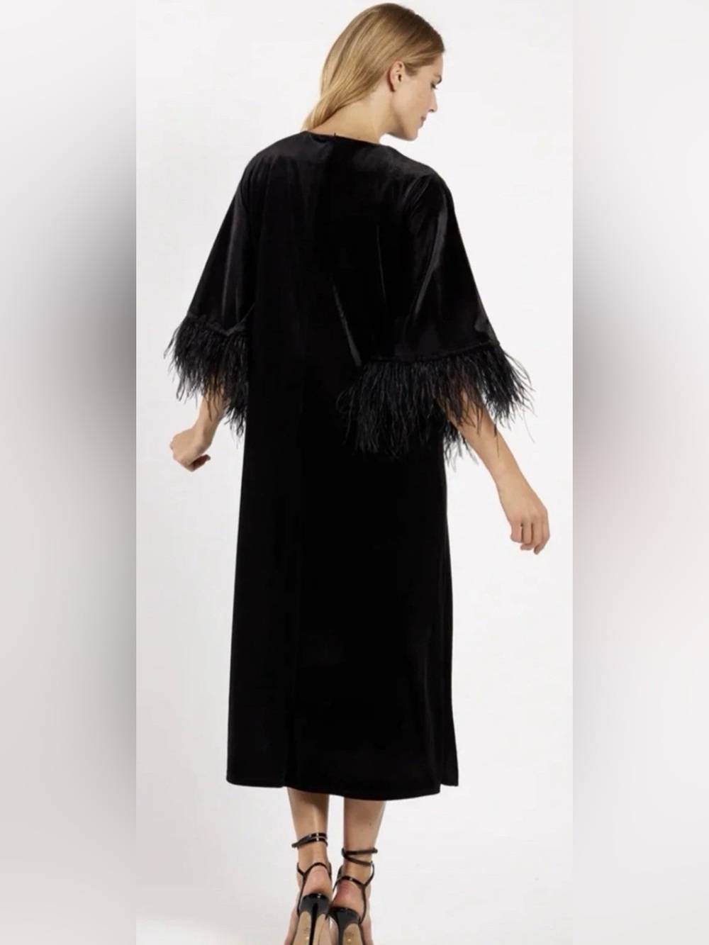 NWT Jude Connally Royce Black Stretch Velvet Feather Cuff Midi Dress sz. L - Picture 2 of 8